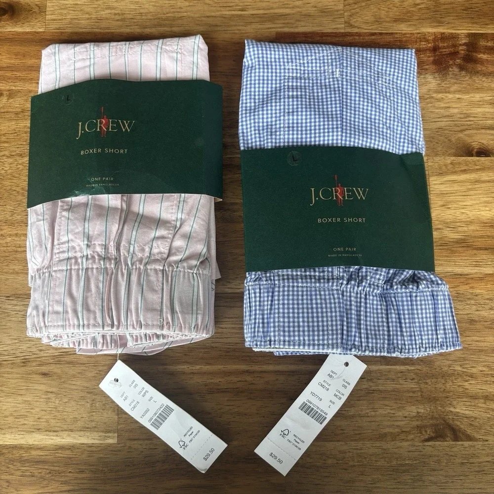 NWT Lot of 2 J Crew Boxer Short Mens Sz L Underwear Check / Striped Cotton Pink